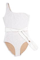 One Piece One shoulder- belted white embroidered textured pineapple suit