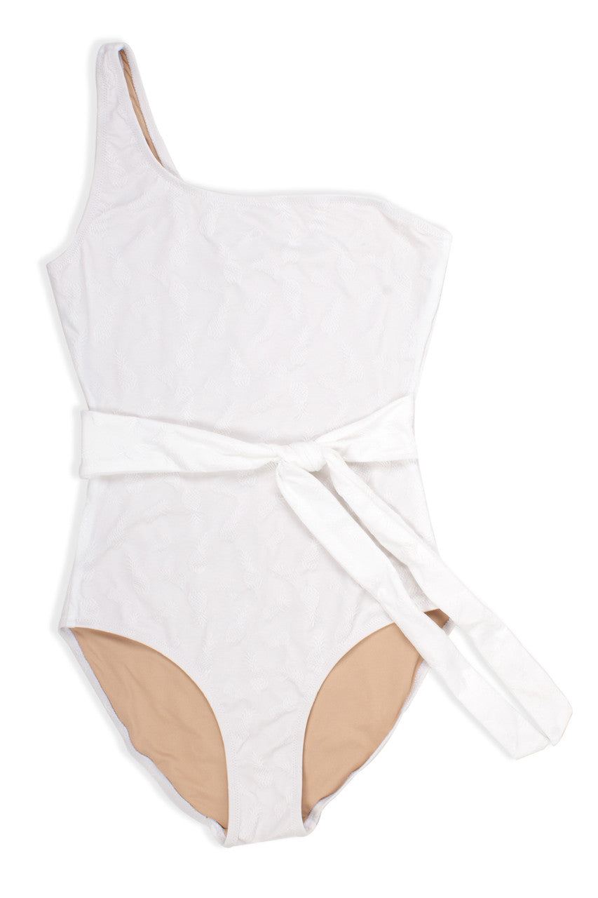 One Piece One shoulder- belted white embroidered textured pineapple suit