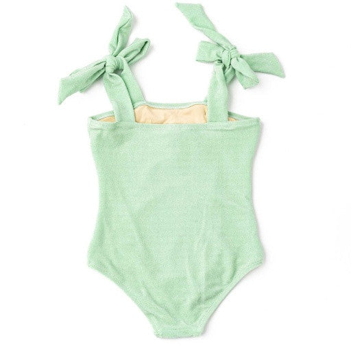 Back view of the Shade Critters swimsuit highlighting the  straps and smooth shimmer fabric.