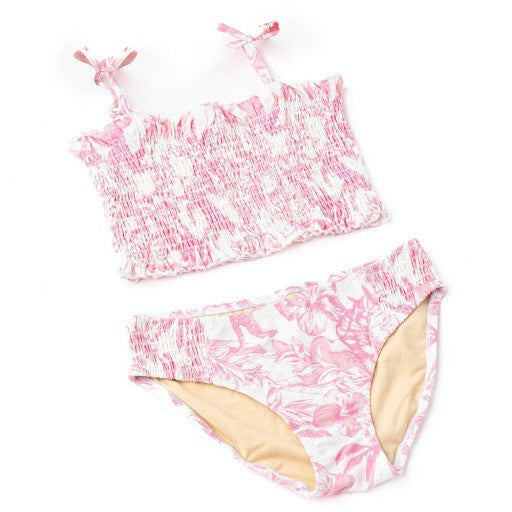 View: A full front view of the Shade Critters two-piece featuring the tropical pink print and smocked texture.