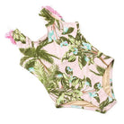 Shade Critters blush tropics one-piece featuring lush palms and aqua florals.