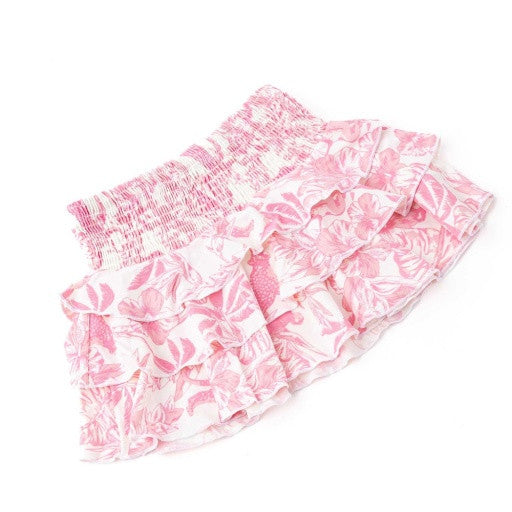Front view of the Shade Critters Pink Paradise Girls Smocked Ruffle Skirt showcasing the soft smocking and red ruffle silhouette.