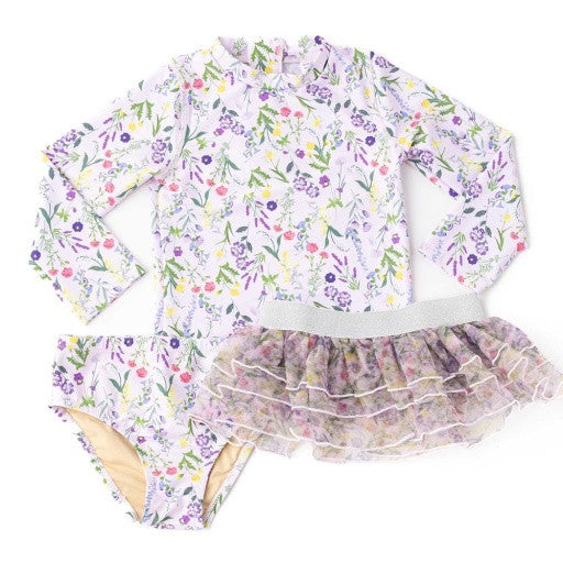 Shade Critters Girls Wildflower Fields rashguard swim set with floral rashguard, matching bottoms, and mesh tutu skirt.