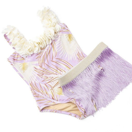 Shade Critters Girls Purple Metallic Hula Girl one piece swimsuit with matching lavender fringe skirt.