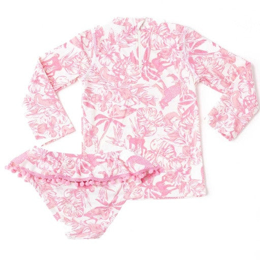 Back view of the Shade Critters Pink Paradise Girls Rashguard Swim Set highlighting the zipper on the rashguard and the coordinating printed bottoms.