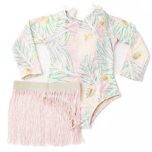 Shade Critters tropical long-sleeve swimsuit with metallic palm print and fringe skirt.