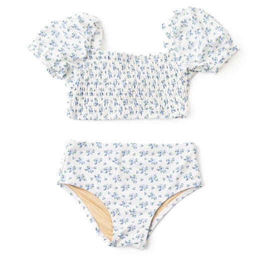 Flat Lay Front: A front flat-lay of the Cottage Floral Blue smocked puff sleeve swimsuit by Shade Critters, showing the smocked top and coordinating brief bottom.