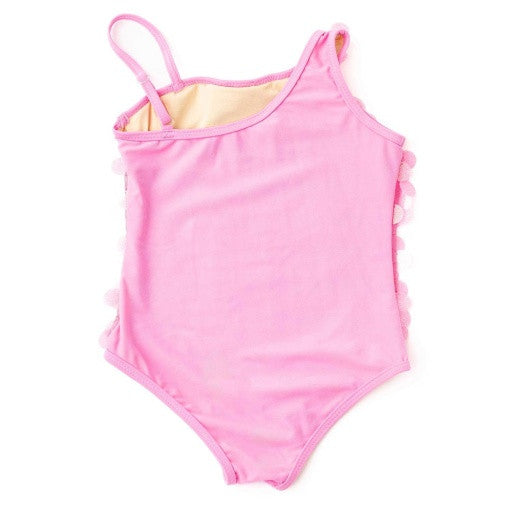 Front view of pink paillette girls one piece swimsuit with layered shimmer discs.