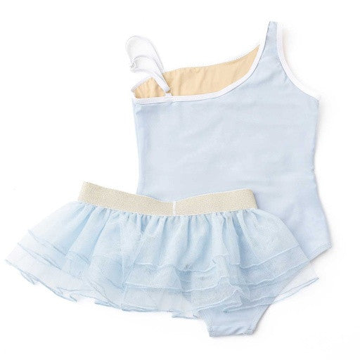 Back view of the Shade Critters swimsuit showing the adjustable one-shoulder strap and soft blue fabric. 