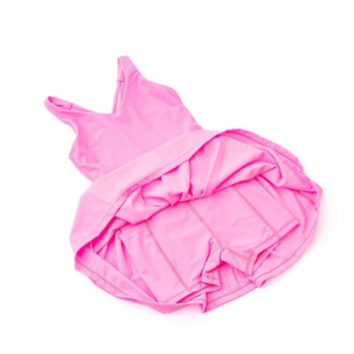 Interior view displaying the built-in matching hot pink shorts for active comfort.