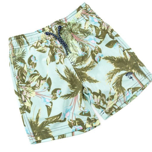 Angled view of Mint Tropics boys swim trunks highlighting tropical print and stretch fabric.