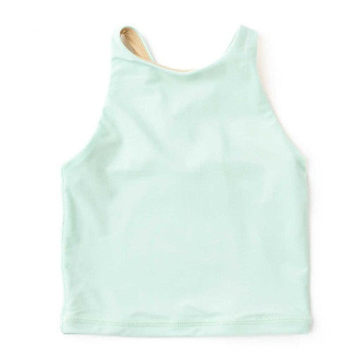 Front View: A front view of the Mint Girls Active Tank Top by Shade Critters, showing its high neckline and smooth mint fabric.