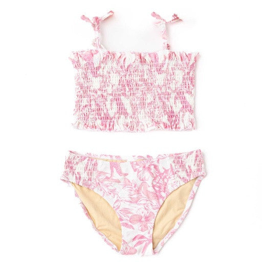 Flat Lay Front: A flat-lay of the Pink Paradise smocked two-piece swimsuit by Shade Critters, showing the smocked -strap top and coordinating bottoms.