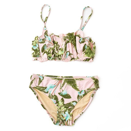 Shade Critters Blush Tropics smocked swim set shown from the front, featuring the soft pink tropical print and stretchy smocked top with slim straps.