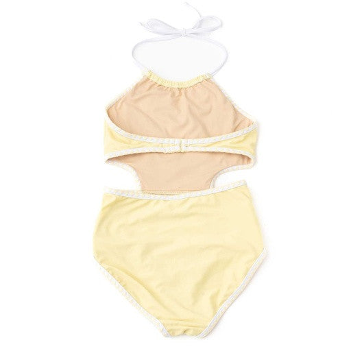 Back view of Butter Yellow Daisy girls one piece swimsuit with open cut-out detail.