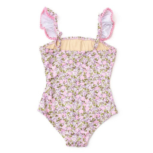 Back view of the Shade Critters swimsuit featuring the smooth floral print and flutter-trim straps.