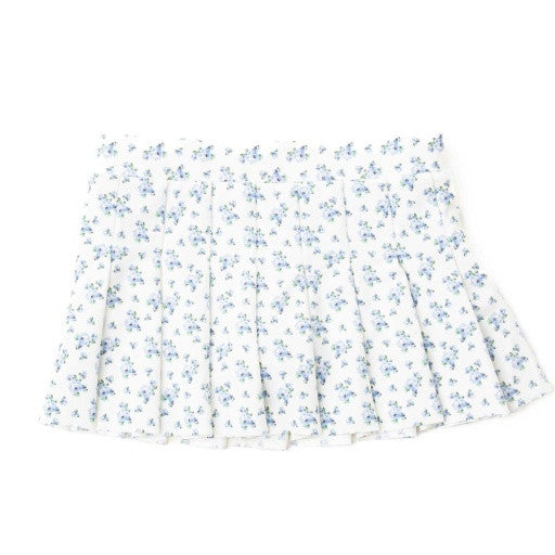 Front View: A front view of the Cottage Floral Blue pleated active skirt by Shade Critters, showing the crisp pleats and sweet blue floral pattern.