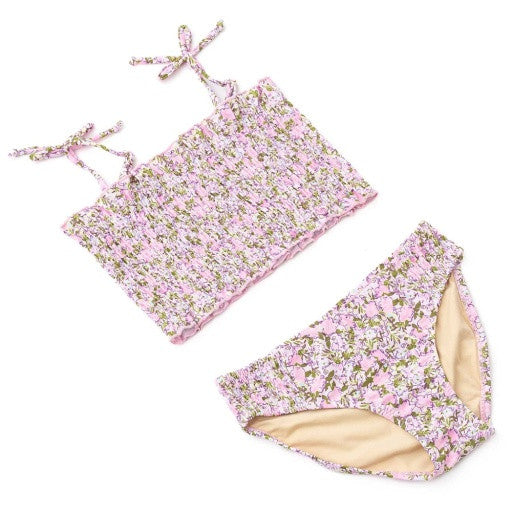 Shade Critters swimsuit set front view, featuring smocked detailing and  straps for an adjustable fit.