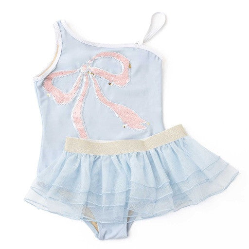 Back view of the Shade Critters swimsuit showing the adjustable one-shoulder strap and soft blue fabric.