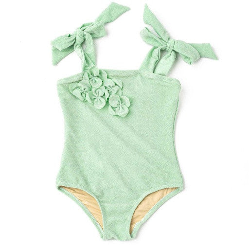 Shade Critters mint shimmer one-piece with floral neckline and d shoulder straps shown flat.