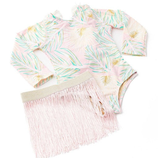 Shade Critters set featuring removable pink fringe skirt and shimmering palm leaves.