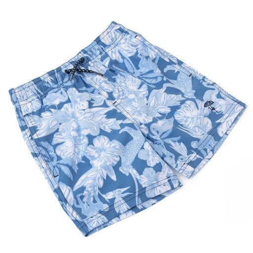 Full front view of the Shade Critters Denim Paradise 4-way stretch swim trunks. 