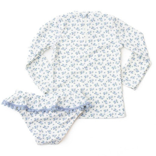 Back view of the Shade Critters Cottage Floral Blue Girls Rashguard Swim Set highlighting the zipper detail and coordinated floral print.