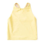 Front View: A front view of the Butter Yellow Girls Active Tank Top by Shade Critters, showing the high neckline and smooth butter-yellow fabric.