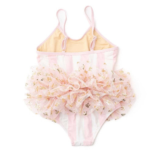 Back view of blush stripe girls skirted one piece swimsuit with adjustable straps.