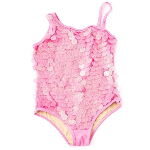 Shade Critters Girls pink one shoulder one piece swimsuit with full paillette sparkle.