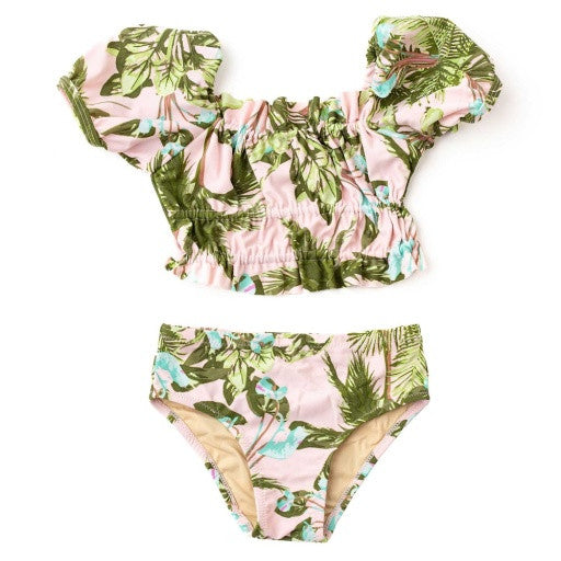 Flat Lay Front: A front flat-lay of the Blush Tropics smocked puff sleeve swimsuit by Shade Critters, showing the smocked top and matching brief bottom.