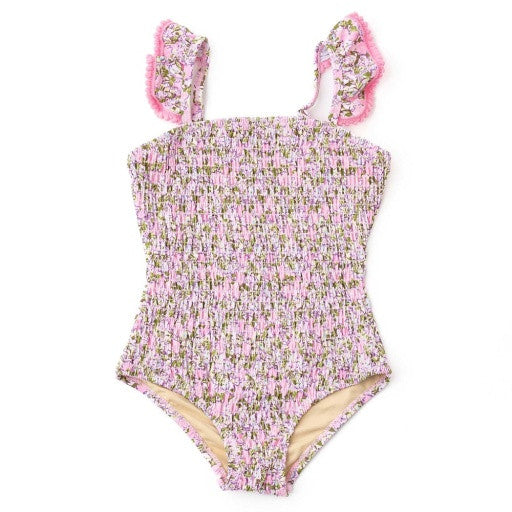 Shade Critters Blushing Blooms smocked one piece shown from the front, highlighting the pink floral print and stretchy smocking.