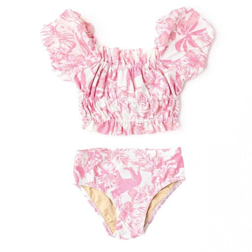 Flat Lay Front: A front flat-lay of the Pink Paradise smocked puff sleeve swimsuit by Shade Critters, showing the smocked top and matching brief bottom.