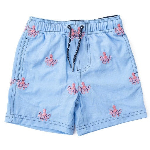 Shade Critters Boys Octopus Icon swim trunks with embroidered pink octopuses and navy drawstring.