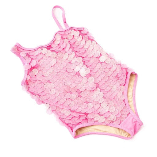 Back view of pink one shoulder girls one piece swimsuit with slim straps.