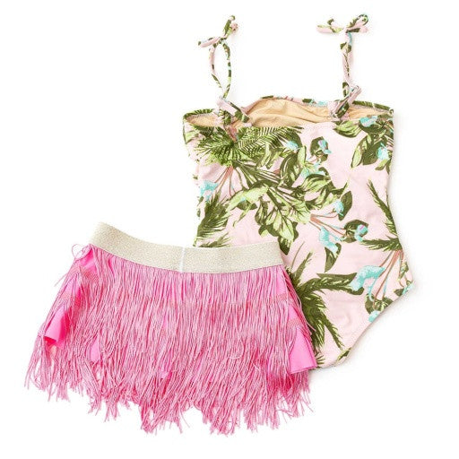 Back view of girls tropical print one piece and fringe swim skirt showing adjustable straps and elastic waistband.