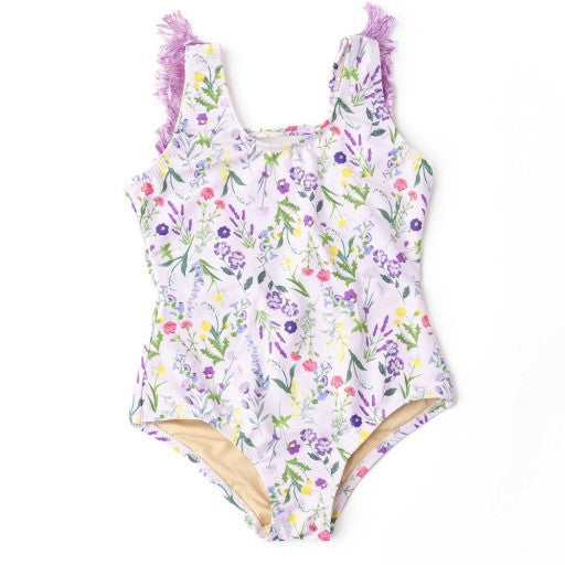 Shade Critters Girls wildflower print one piece swimsuit with lilac fringe shoulder detail.