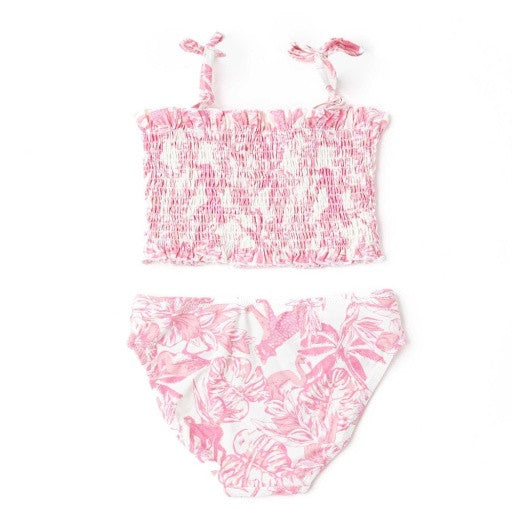 Back View: Close view of the smocked top, straps, and matching bottoms of Shade Critter Smocked Bikini in Pink Paradise Print