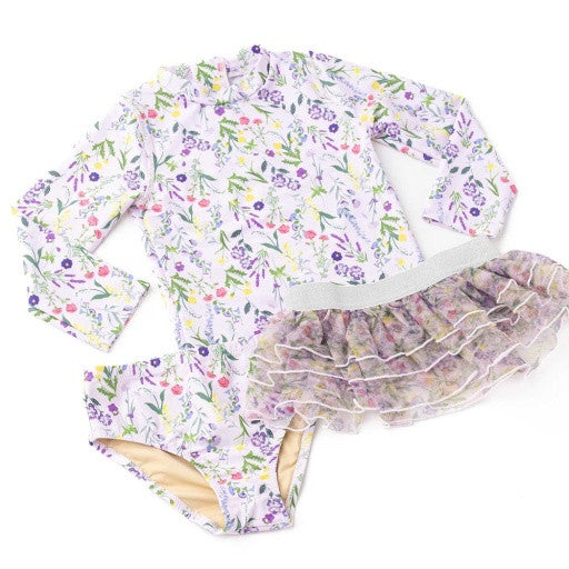 Front view of Wildflower Fields girls rashguard swim set highlighting floral print and ruffled mesh tutu.