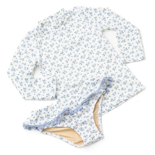 Complete front layout of the Shade Critters Cottage Floral Blue Girls Rashguard Swim Set with its soft blue blossoms and sweet ruffle trim.