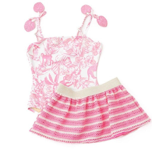 Flat lay of Shade Critters Girls Pink Paradise smocked one piece with coordinating crochet skirt.