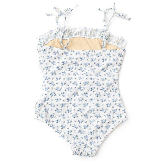 Back view of Cottage Floral Blue girls one piece swimsuit with adjustable shoulder straps.
