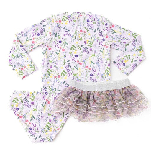 Back view of Wildflower Fields girls rashguard swim set with zipper detail.
