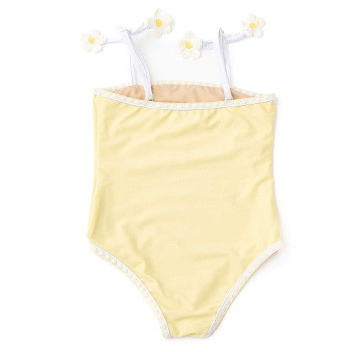 Back view of Butter Daisy girls one piece swimsuit with white trim and shoulder straps.