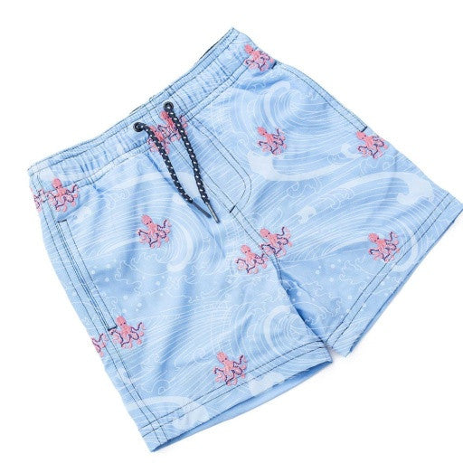 Back view of Octopus Icon boys swim trunks featuring drainage pocket and embroidered icons.