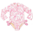 Shade Critters Girls Pink Paradise long sleeve one piece swimsuit with tropical print and leaf hip detail.