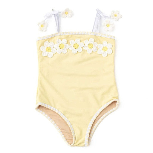 Shade Critters Girls Butter Daisy one piece swimsuit with 3D crochet daisy neckline and white straps.