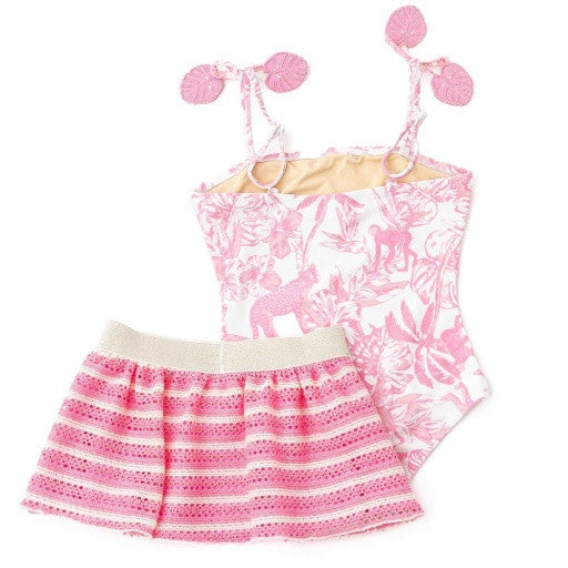 Shade Critters Girls Pink Paradise swim set with one piece and crochet skirt shown side by side.