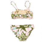 Back view of the Shade Critters Blush Tropics swimsuit top and coordinating bottoms, highlighting the smocked detailing and secure fit.