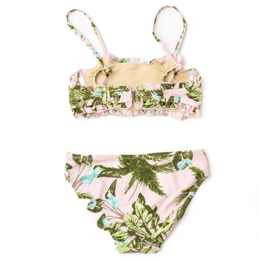 Back view of the Shade Critters Blush Tropics swimsuit top and coordinating bottoms, highlighting the smocked detailing and secure fit.